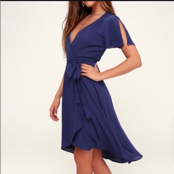 Womens XL Lulus Rise of the Occasion Royal Blue Wrap Dress Flutter Sleeve Midi - Picture 12 of 13